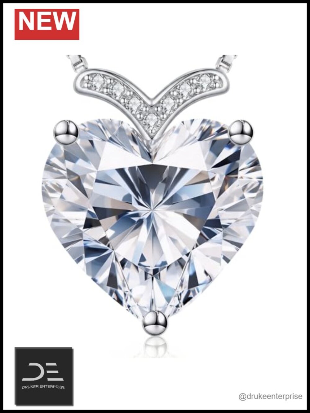 Moissanite Heart Pendant Necklace, 925 Sterling Silver, 18k White Gold Plated